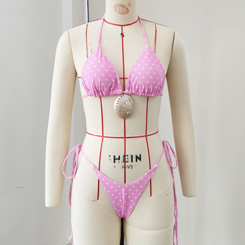 Polka Dot Shell Clasp Halter Triangle Bikini Set