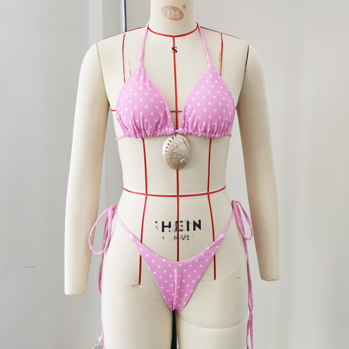 Polka Dot Shell Clasp Halter Triangle Bikini Set