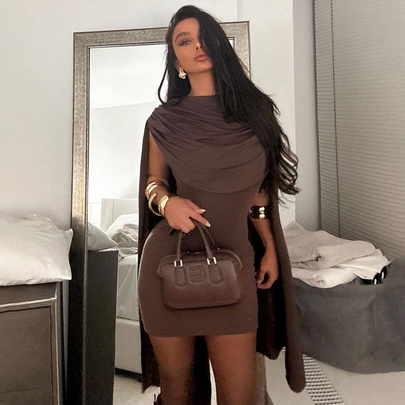 Draped Cape Cowl Neck Sleeveless Slim-Fit Bodycon Mini Dress