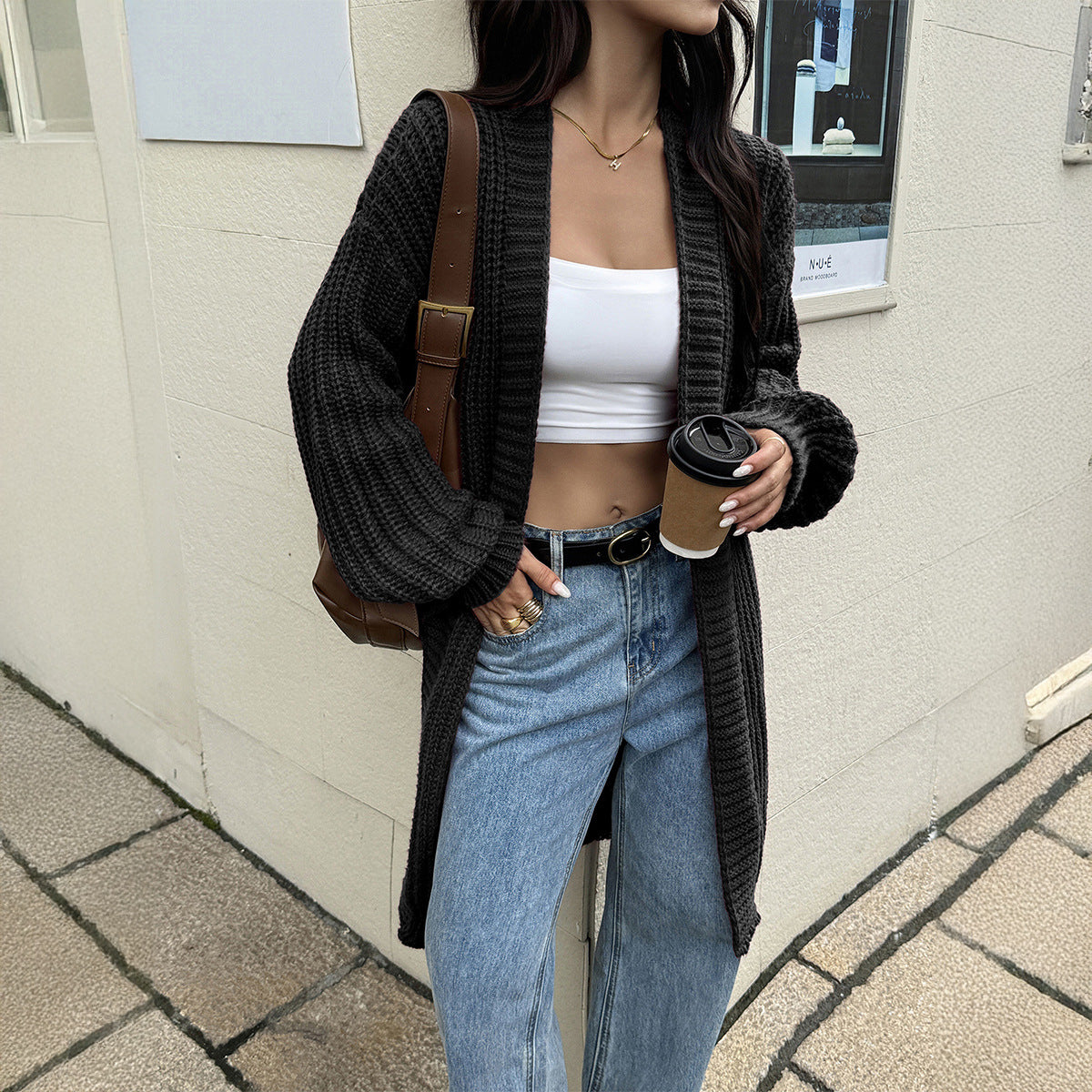 Chunky Ribbed Knit Open-Front Longline Cardigan