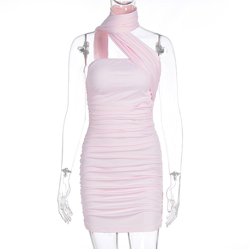 Scarf-Neck Ruched Bodycon Mini Dress
