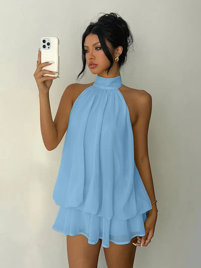 Cloud Nine Gathered Halter Tie-Back Chiffon Mini Dress