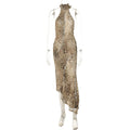 Summer Sexy Backless Slim Fit Lace up Halter Irregular Asymmetric Leopard Print Dress Women