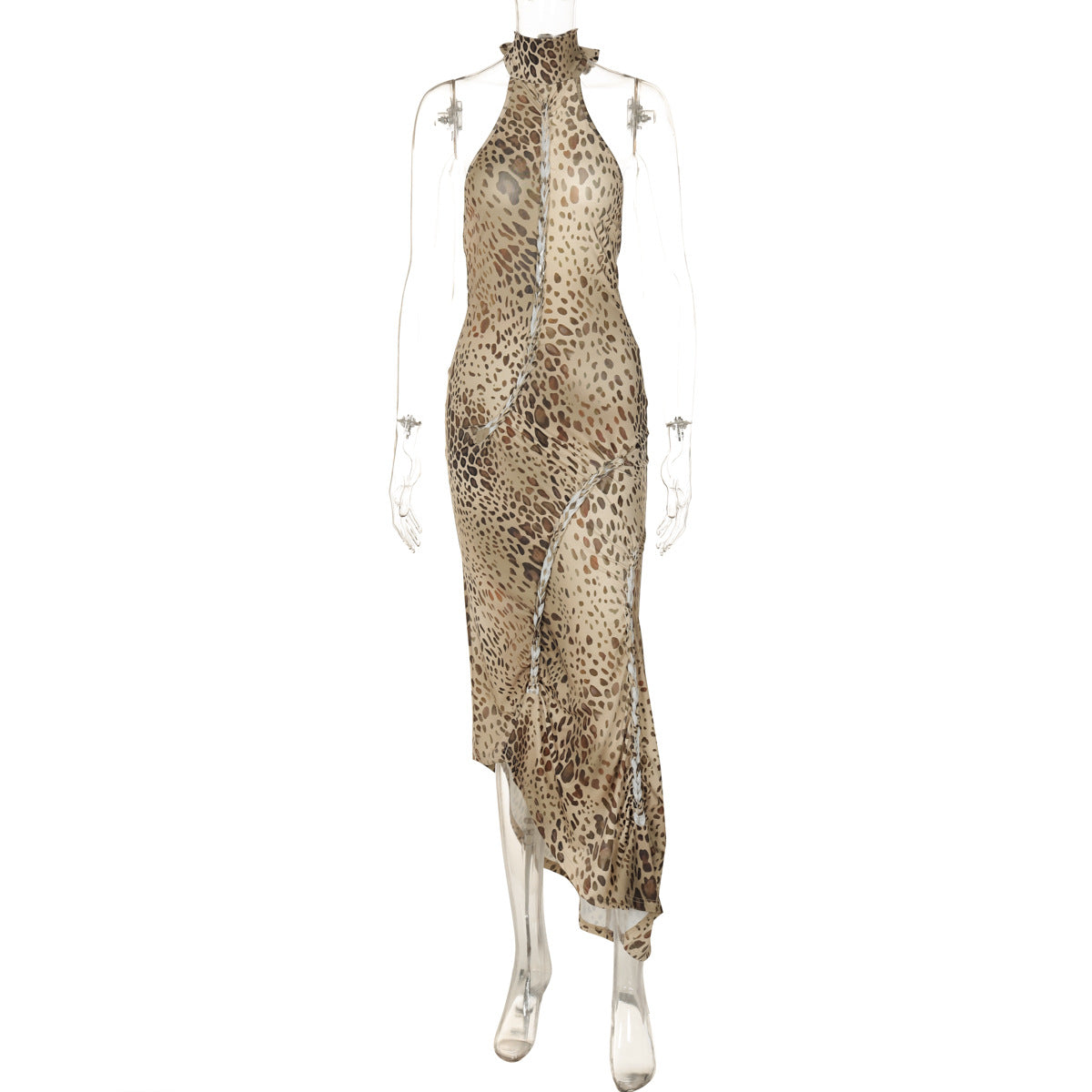 Summer Sexy Backless Slim Fit Lace up Halter Irregular Asymmetric Leopard Print Dress Women