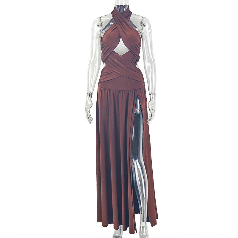 Cross-Halter Cutout Waist Backless High Slit Maxi Dress