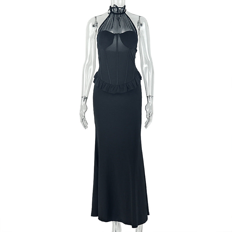 Gathered Ruffle High Halter Neck Boned Bust Open Back Bodycon Maxi Dress