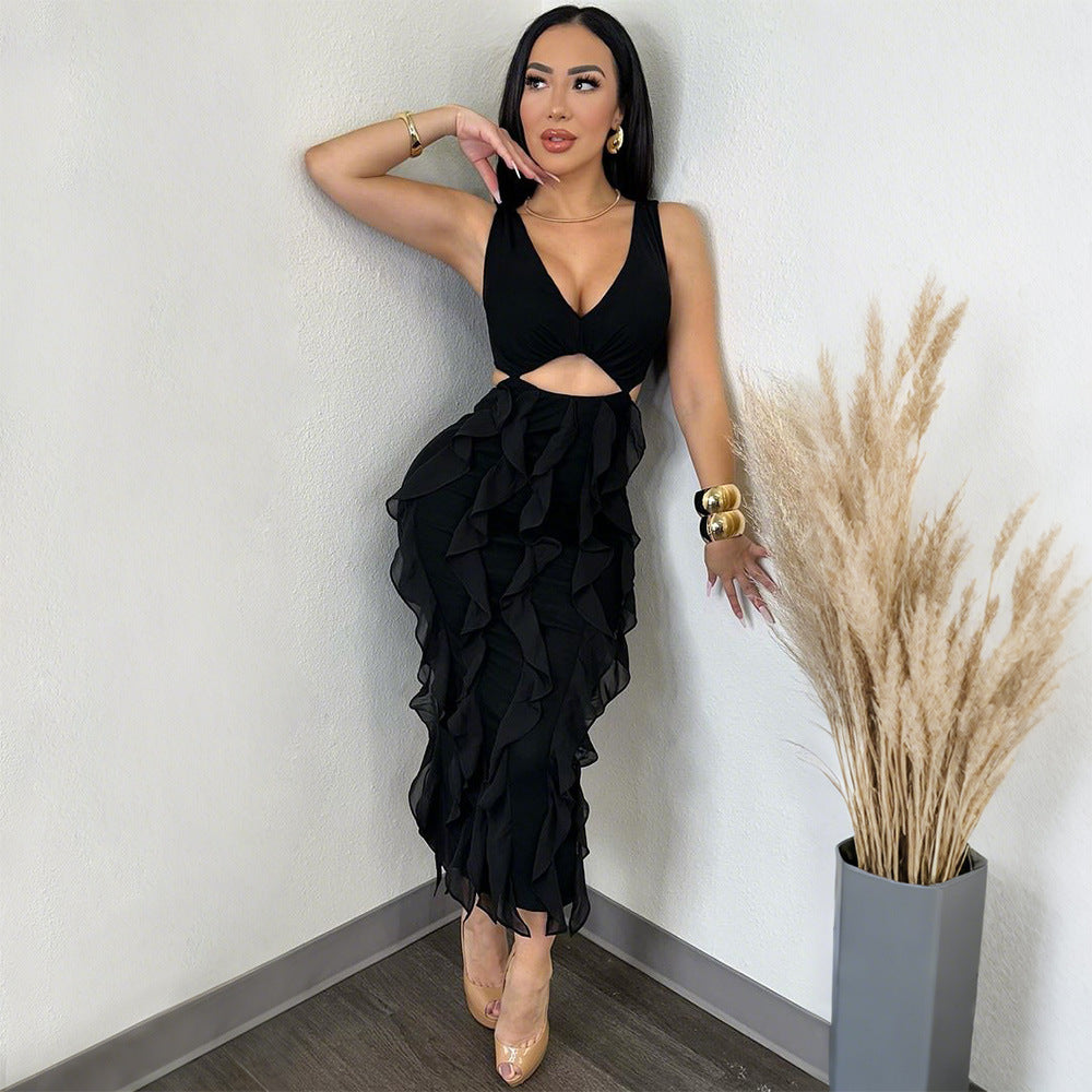 Deep V-Neck Center Cutout Allover Ruffle Cascade Maxi Dress