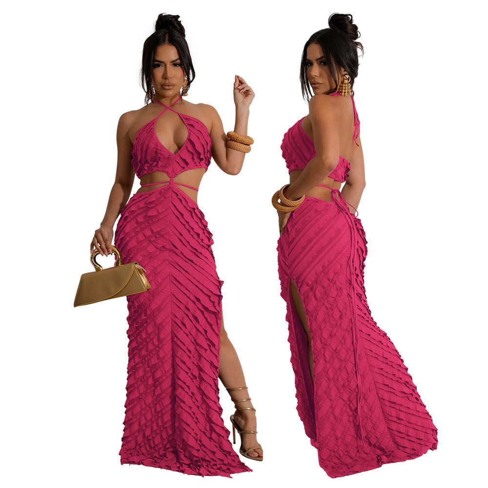 Petal Party Ruffle Halter Cutout High Slit Maxi Dress