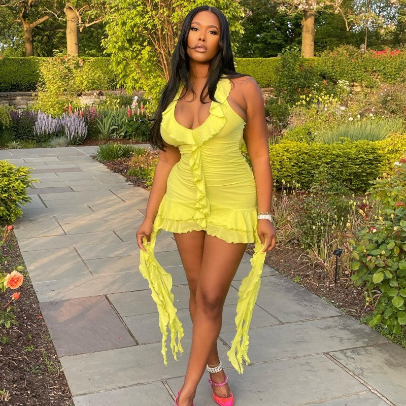 Ruffle-Trim Asymmetric Halter Mini Dress