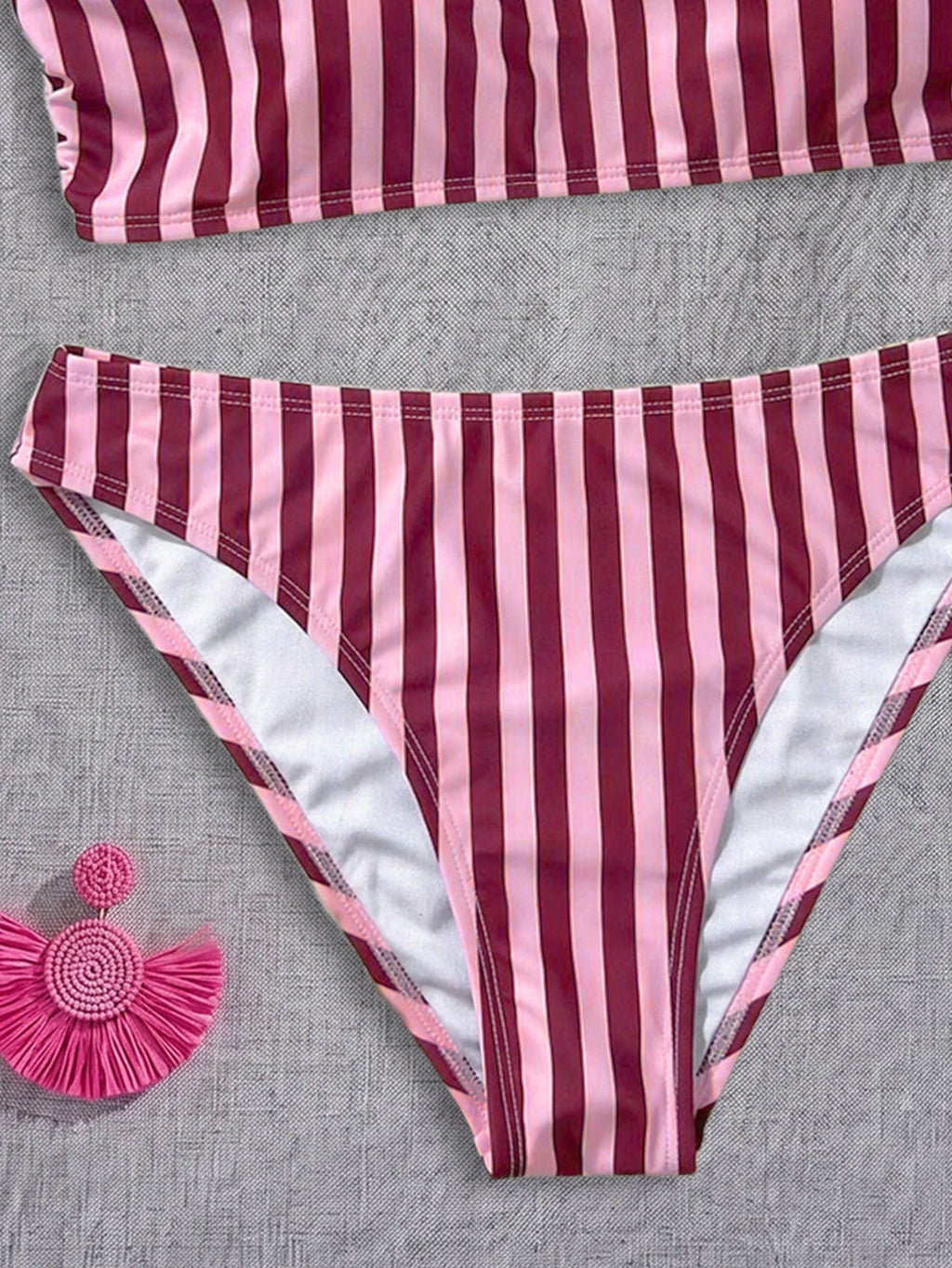 Stripe One-Shoulder Bandeau Bikini Set | Low-Rise Cheeky Bottoms & Asymmetric Strap