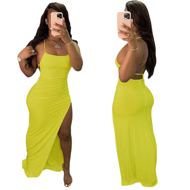 Spaghetti Strap Ruched Side Slit Backless Tie Bodycon Maxi Dress