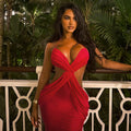 Deep V-Plunge Cross-Wrap Halter Ruched Backless Maxi Dress