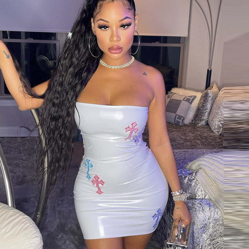 Metallic Faux Leather Strapless Multicolour Cross Embroidered Bodycon Mini Dress