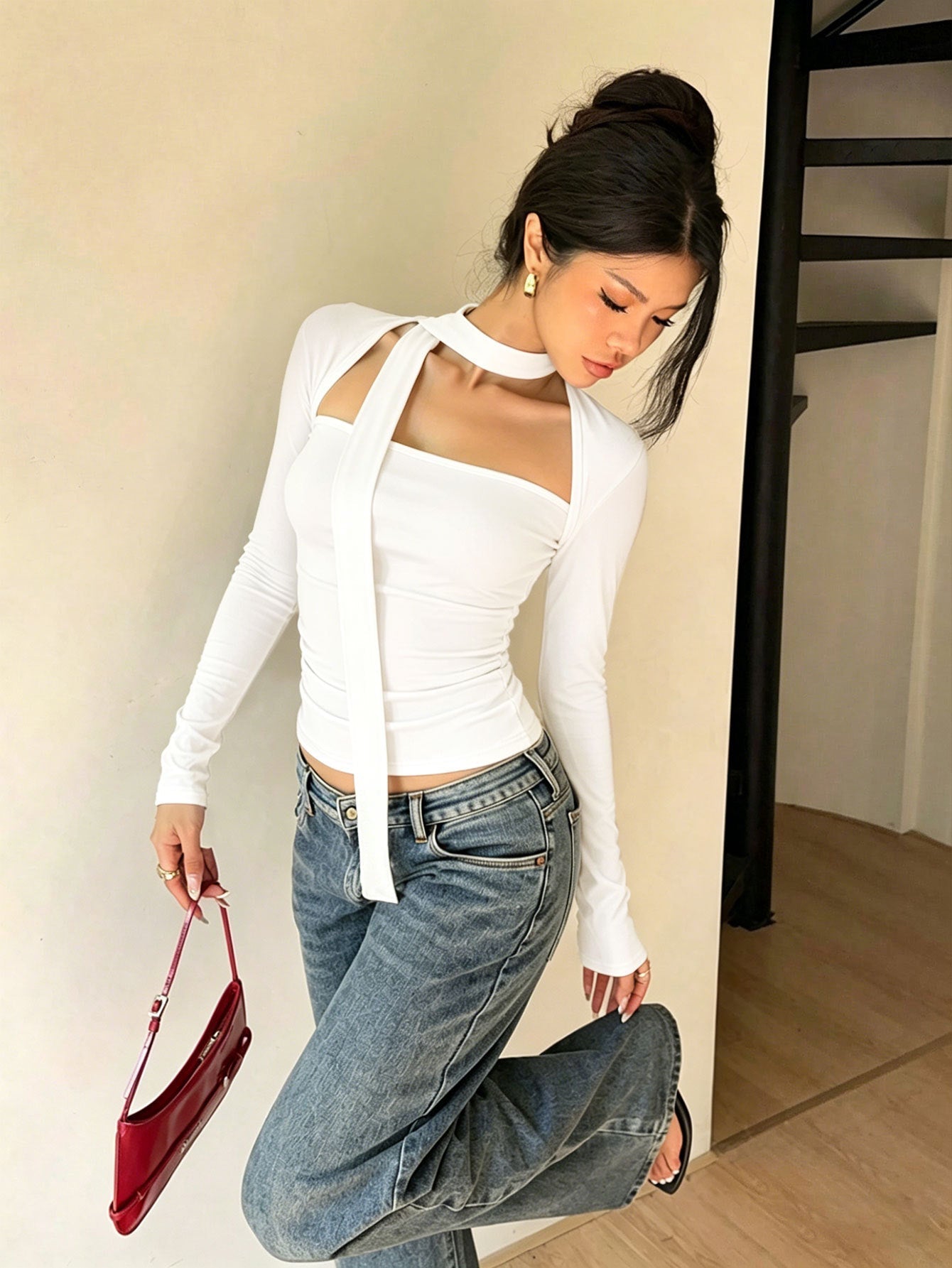 Square Neck Halter Scarf Tie Crop Top