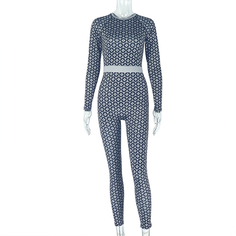 Geometric Monogram Print Crew Neck Long Sleeve Elastic Waist Slim-Fit Bodycon Jumpsuit