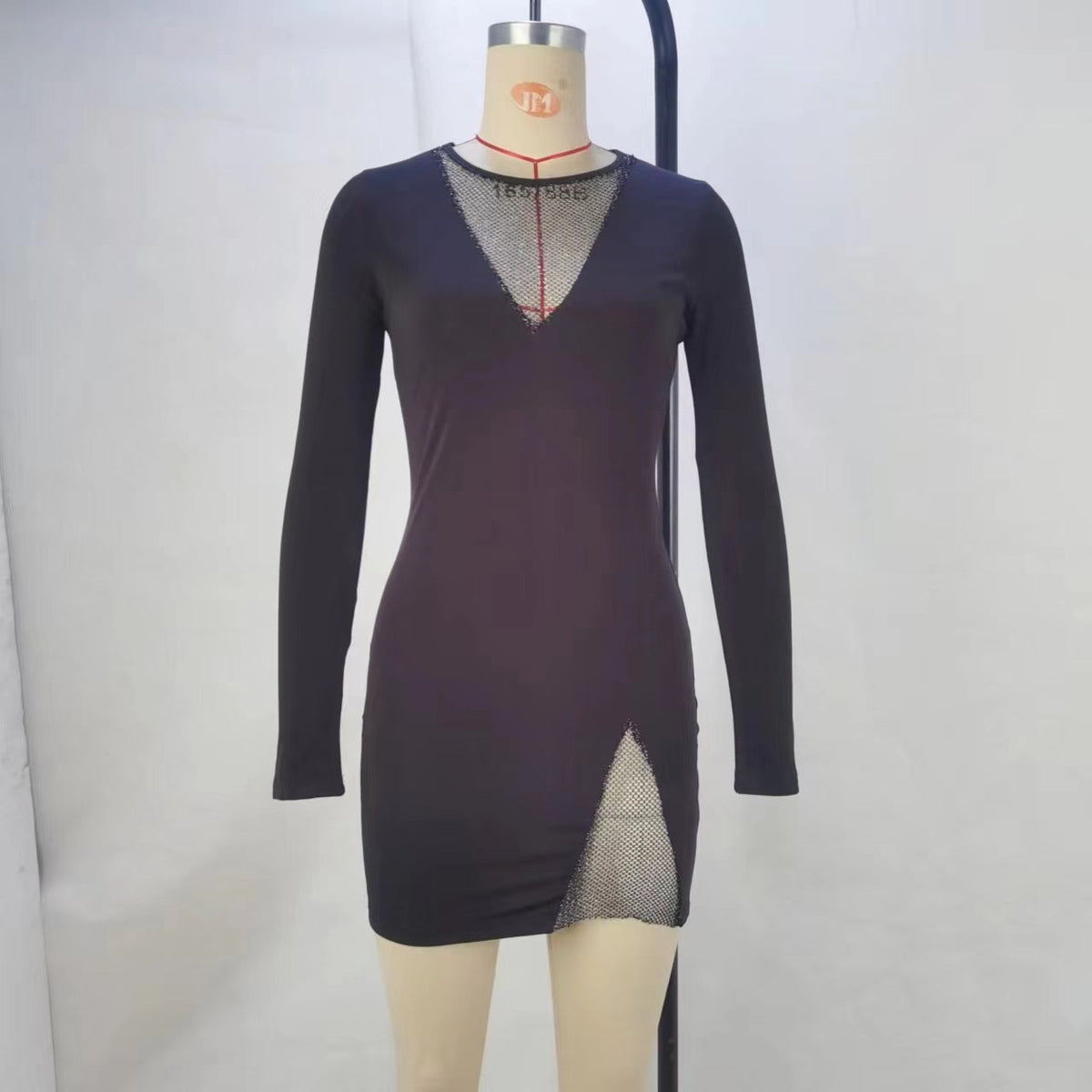 Long Sleeve Rhinestone Mesh Inset Asymmetric Bodycon Mini Dress