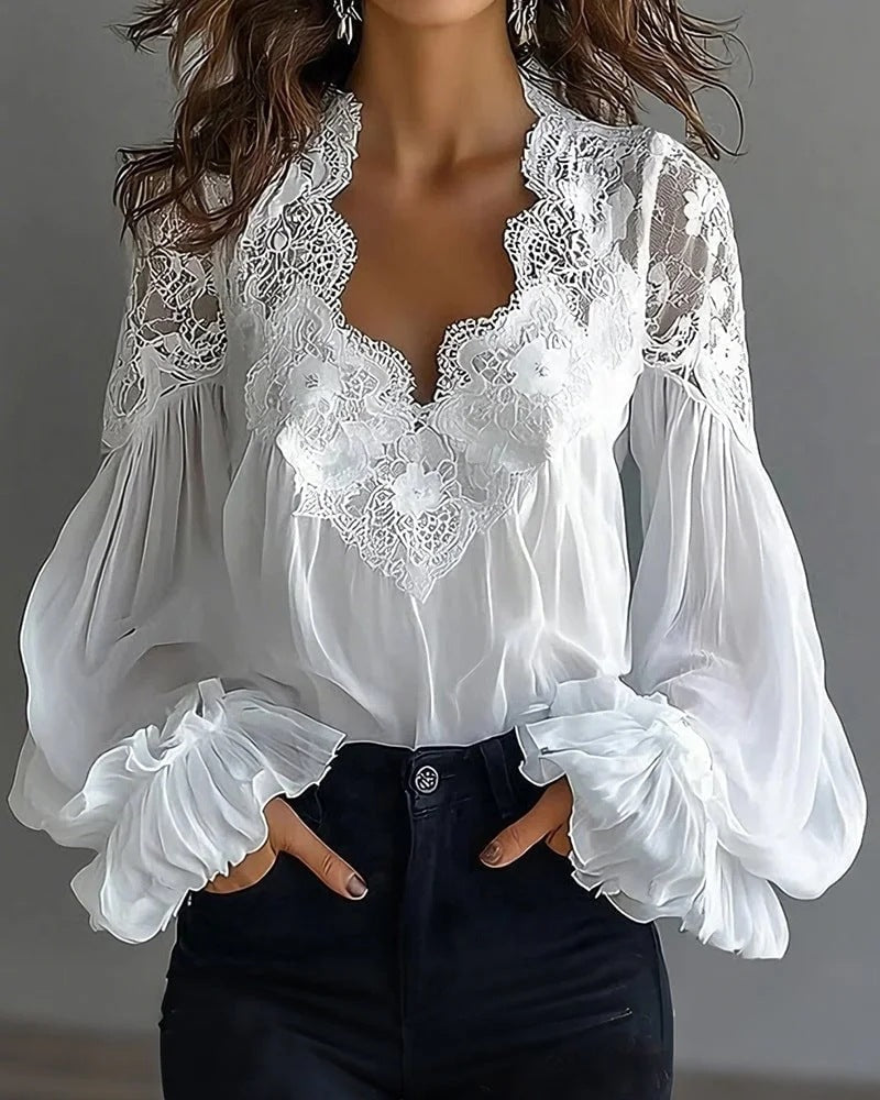 Lace-Trim V-Neck Puff Sleeve Blouse
