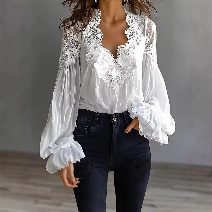 Lace-Trim V-Neck Puff Sleeve Blouse