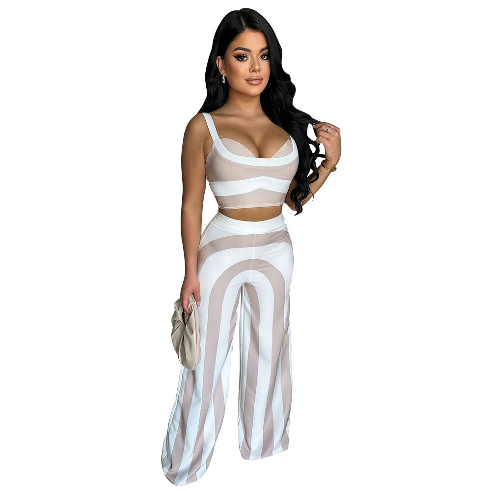 Wave Stripe Sweetheart Crop Top & Wide-Leg Trouser Set