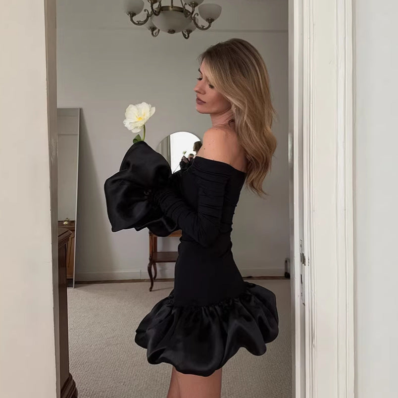 Black Off-Shoulder Puff Sleeve Mini Dress with Satin Ruffle Hem
