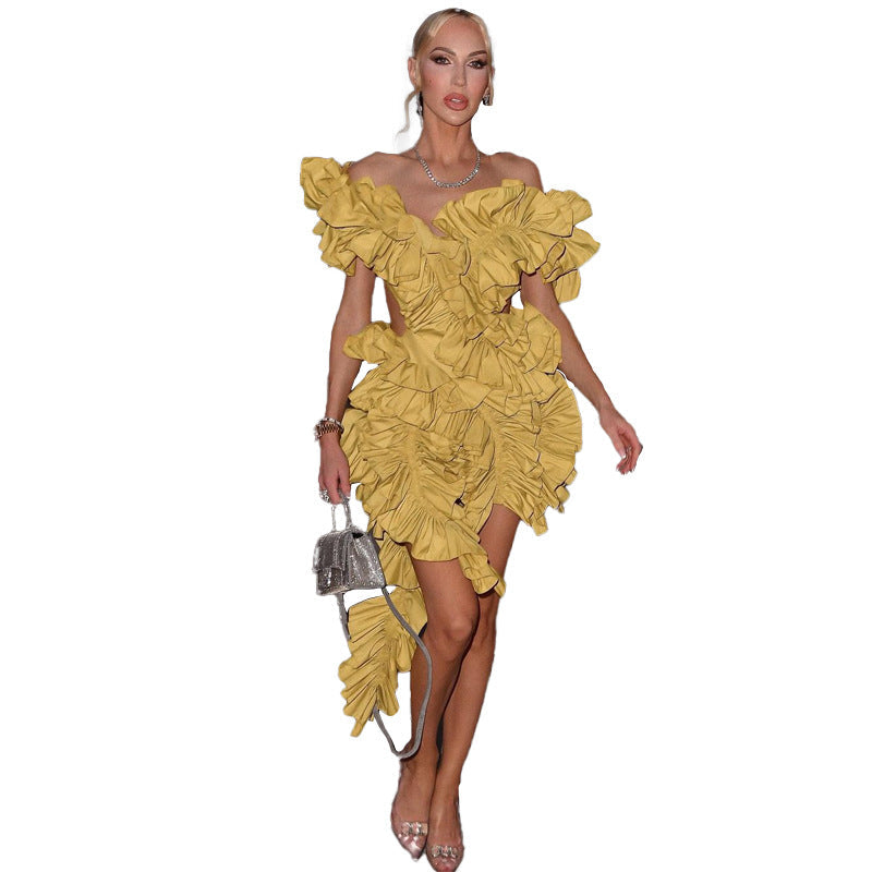 Off-Shoulder Ruffle Cascade Asymmetric Mini Dress