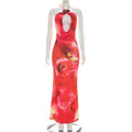 Tropical Floral Mesh Halter 3D Flower Cutout Ruched Maxi Dress