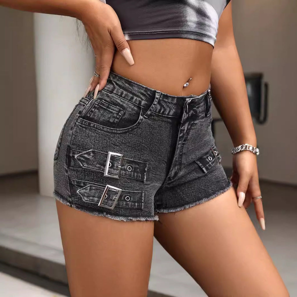 Moto Luxe Asymmetric Silver Buckle Low-Rise Denim Mini Shorts