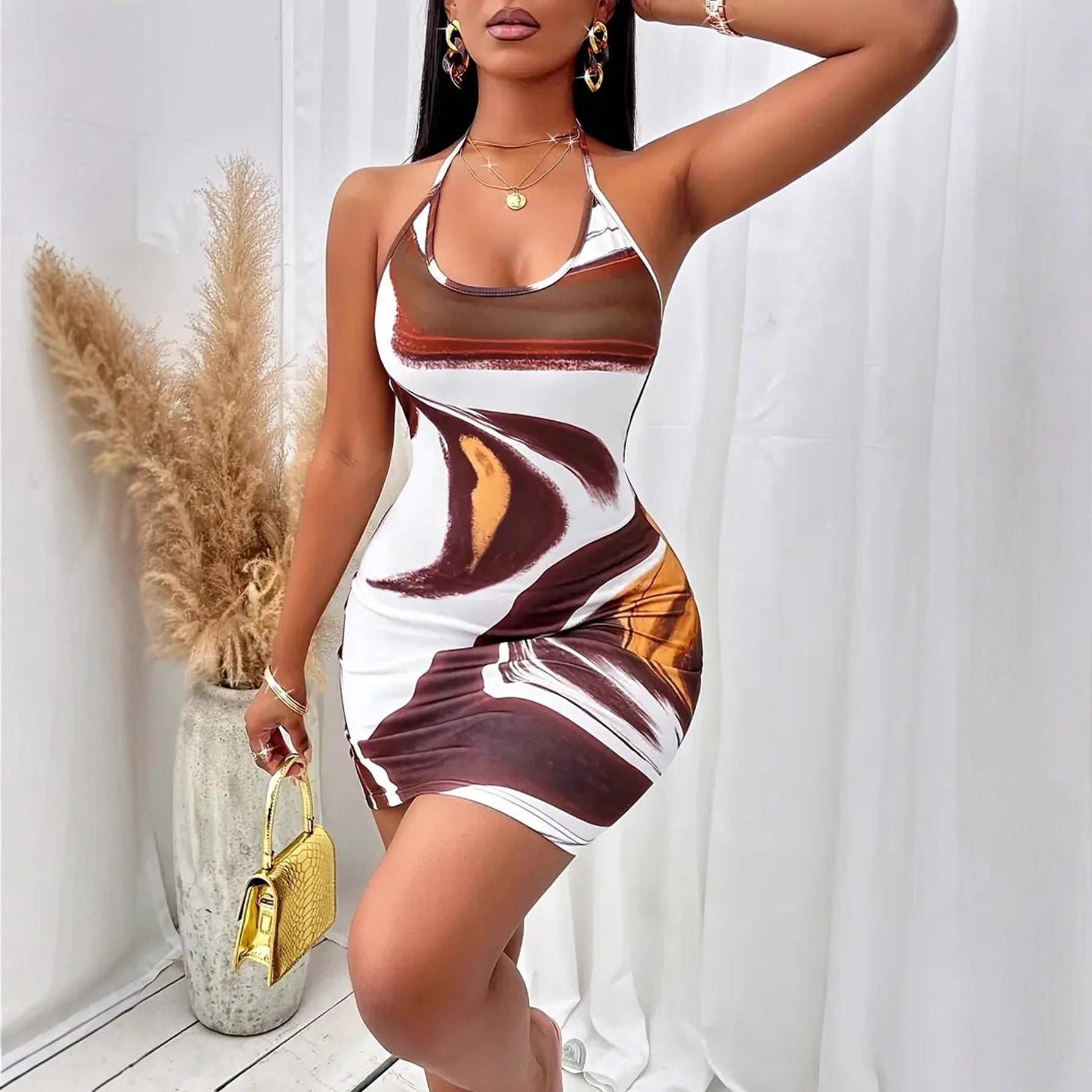 Marble Swirl Print Halter Neck Lace-Up Backless Bodycon Mini Dress