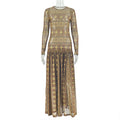 Sheer Printed Mesh Long Sleeve Drop-Waist Maxi Dress