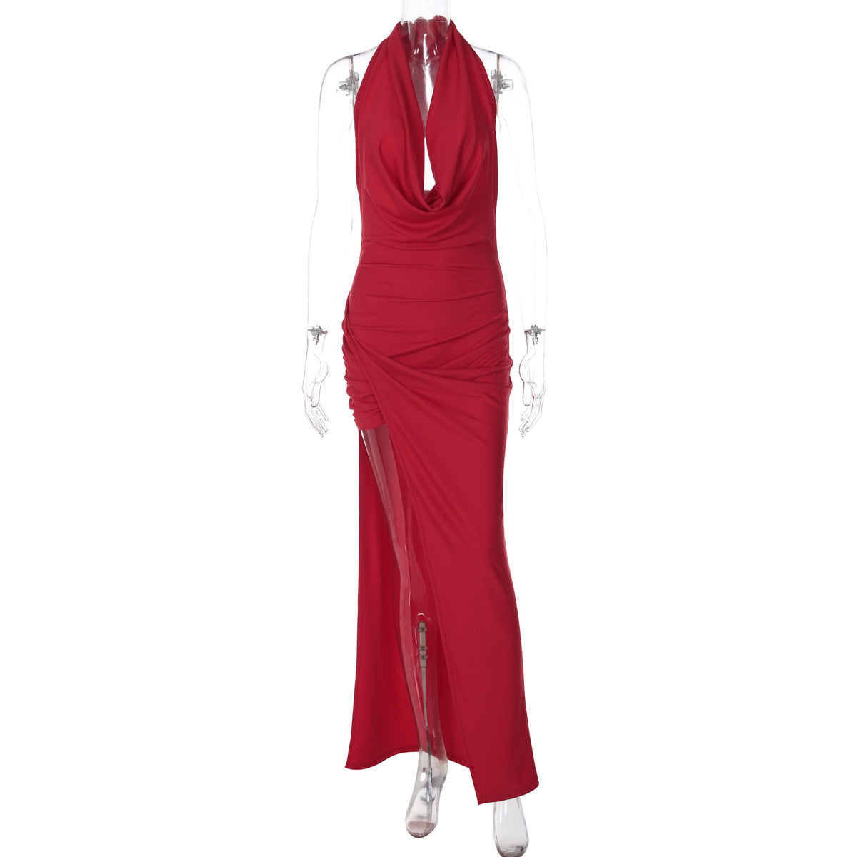 Cowl Halter Neck Ruched High Slit Backless Maxi Dress
