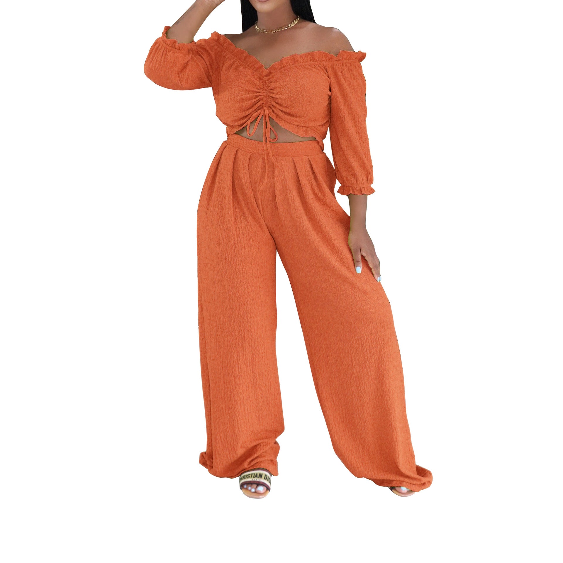 Off-Shoulder Ruched Crop Top & Wide-Leg Palazzo Pants Set | Drawstring & Puff Sleeves