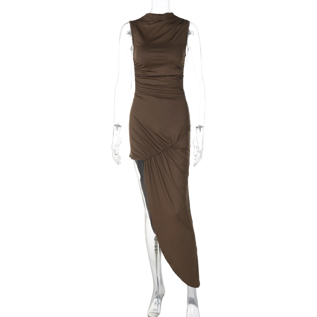 Mock Neck Ruched Waist Asymmetric Draped Hem Sleeveless Bodycon Maxi Dress