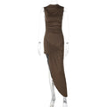 Mock Neck Ruched Waist Asymmetric Draped Hem Sleeveless Bodycon Maxi Dress