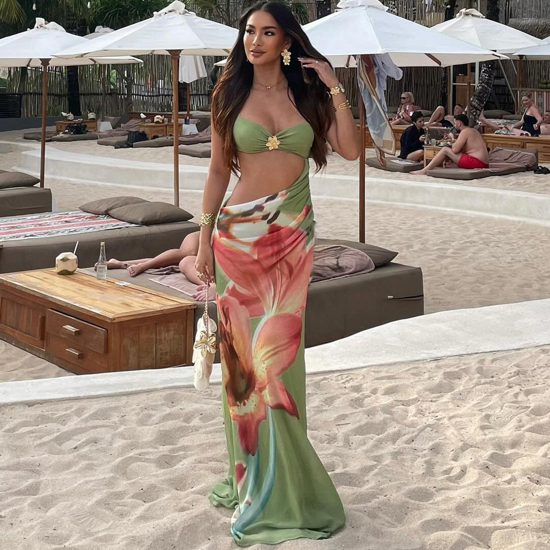 Spring Women Clothing Vacation Sexy Cropped Wrapped Chest Spaghetti Strap Floral Print Dress for Women