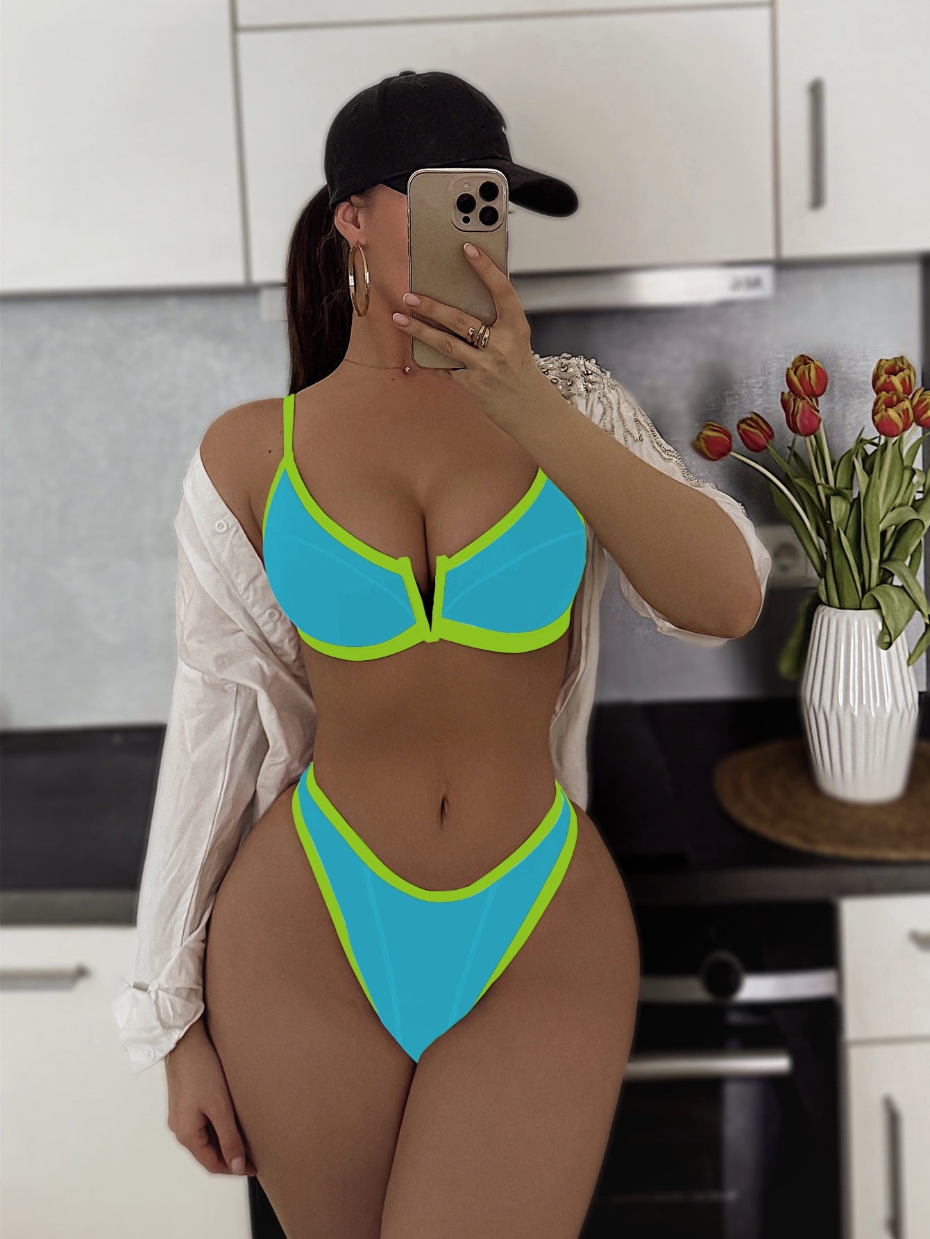 Color-Block Contrast Trim V-Wire Push-Up Bikini Set | High-Cut Cheeky Bottoms, Sporty-Chic & Resort Luxe