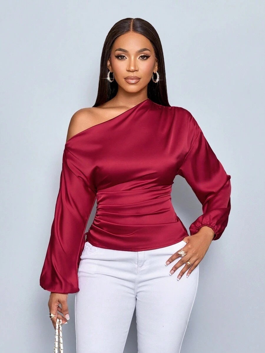 Satin Asymmetric One-Shoulder Bishop Sleeve Side Tie Ruched Waist Blouse