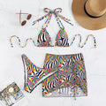 Psychedelic Rainbow Swirl Print Triangle Halter Bikini & Mesh Wrap Skirt Three-Piece Set | Y2K-Rave, Bold Editorial & Resort Luxe
