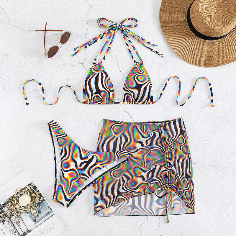 Psychedelic Rainbow Swirl Print Triangle Halter Bikini & Mesh Wrap Skirt Three-Piece Set | Y2K-Rave, Bold Editorial & Resort Luxe