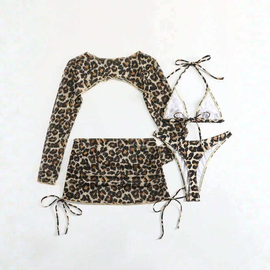 Leopard Print 4-Piece Mesh Cover-Up Bikini Set