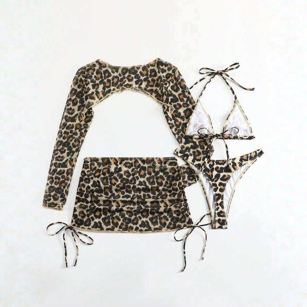Leopard Print 4-Piece Mesh Cover-Up Bikini Set
