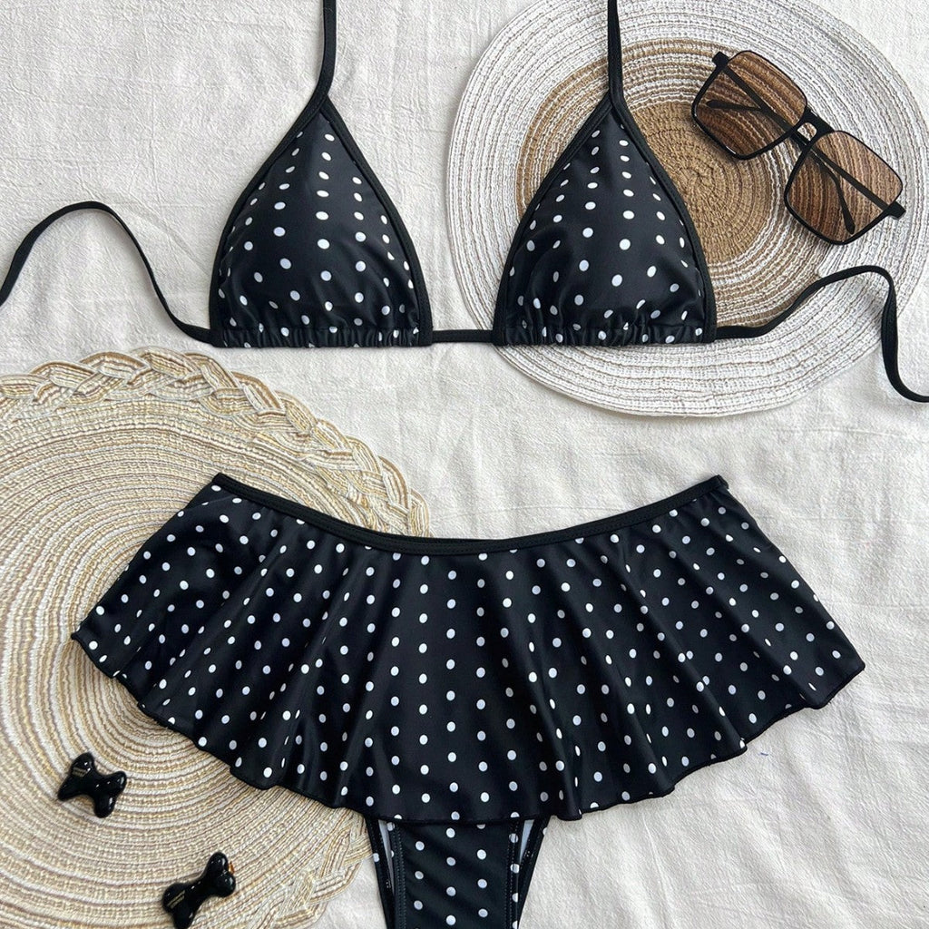 Leopard Print Triangle Bikini Top & Ruffled Skirt Bottom Set