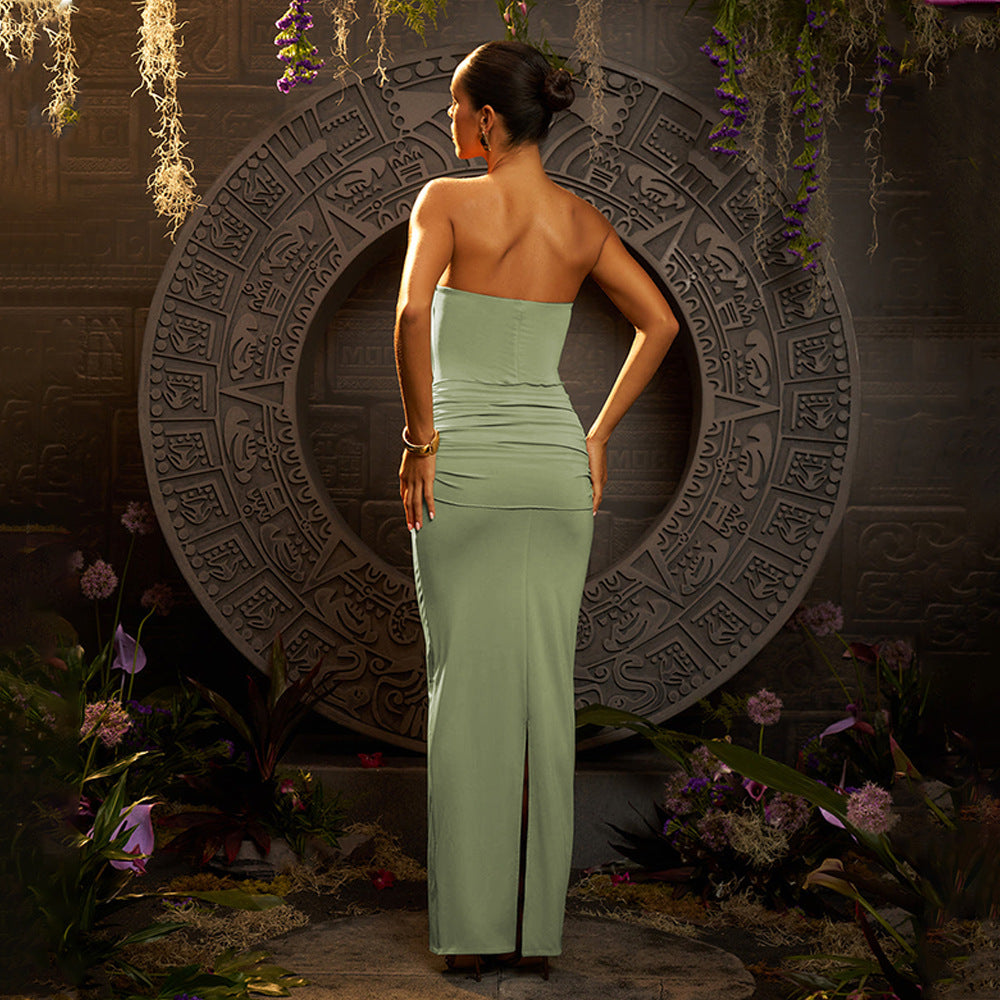 Strapless Sweetheart Cutout Ruched Maxi Dress with Gold Hardware