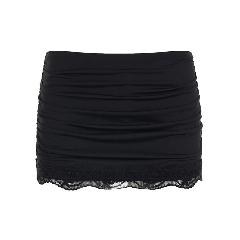Lace Trim Ruched Low-Rise Bodycon Mini Skirt