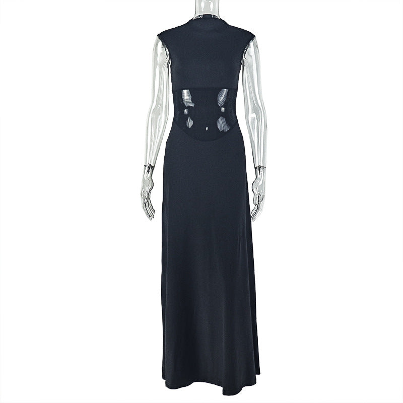 Mock Neck Sheer Mesh Waist Panel Bodycon Maxi Dress