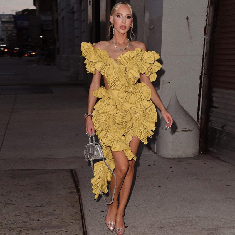 Off-Shoulder Ruffle Cascade Asymmetric Mini Dress