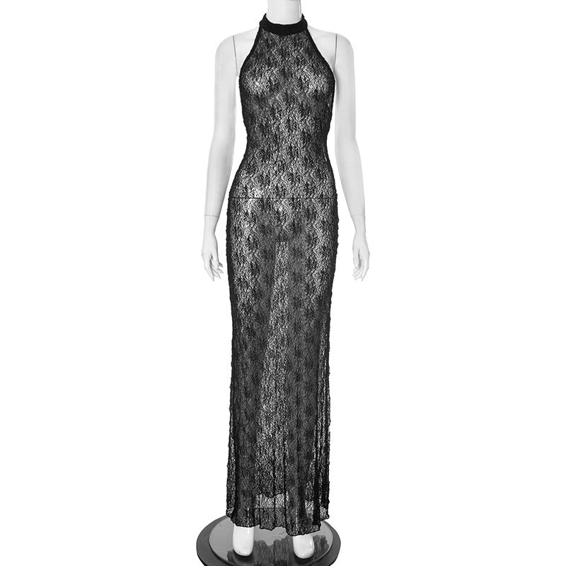 The Midnight Lace Halter Maxi Dress