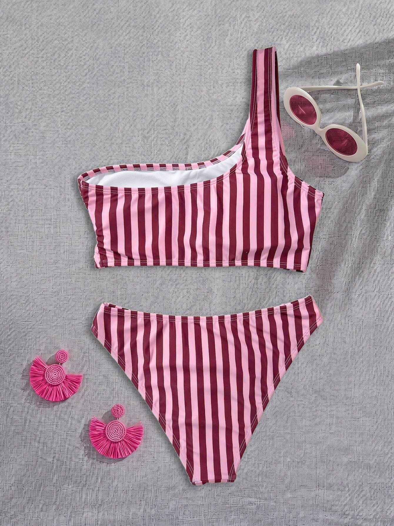 Stripe One-Shoulder Bandeau Bikini Set | Low-Rise Cheeky Bottoms & Asymmetric Strap