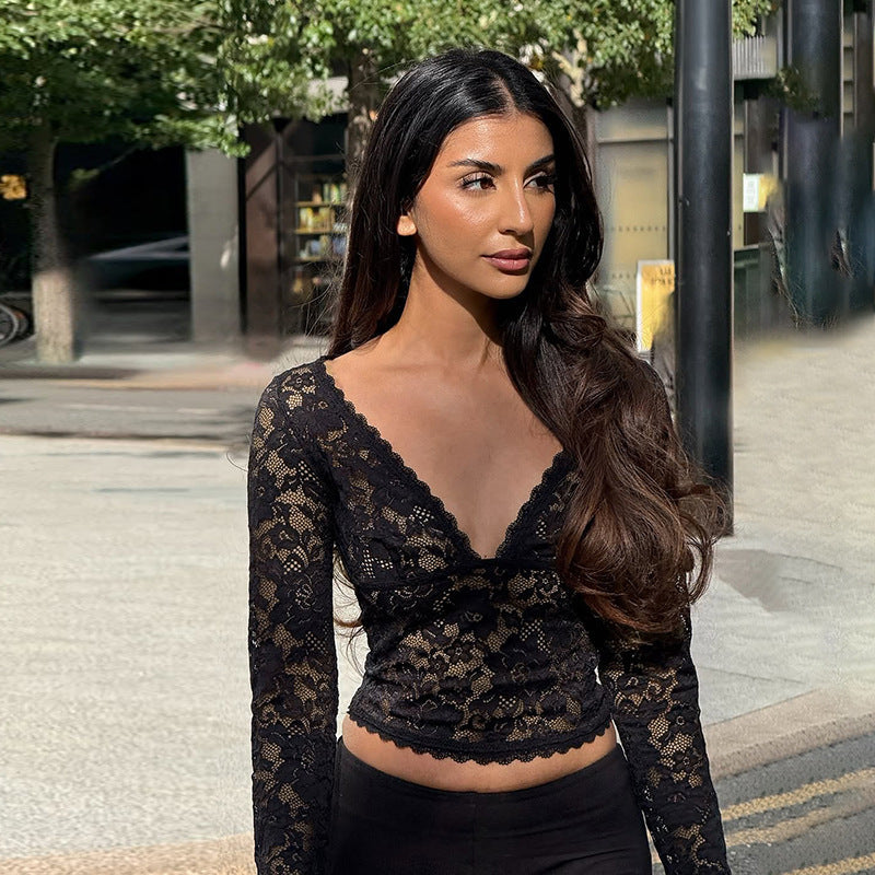 Sheer Floral Lace Deep V-Neck Long Sleeve Crop Top