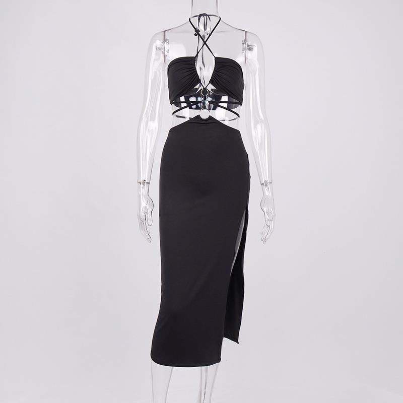 Halter Neck Cutout Lace-Up Ring-Detail High-Slit Maxi Dress