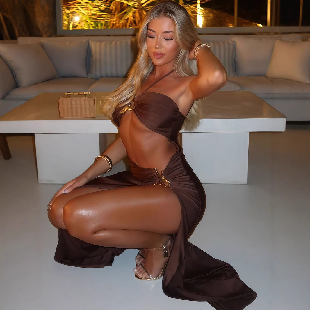 Halter Tie-Neck Metal Ring Cutout Lace-Up High Slit Maxi Dress